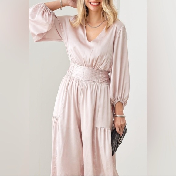 Mustard Seed Satin V-Neck Ruched Waist Wide Leg Jumpsuit - Picture 6 of 7